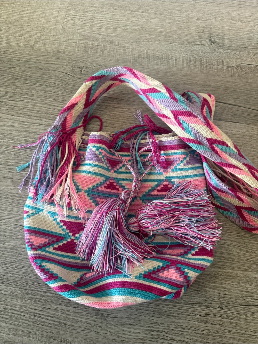 Handwoven Pink & Teal Patterned Crossbody Bag